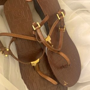 Tory Burch, brown, leather, wedge sandals with some scratches, 9m